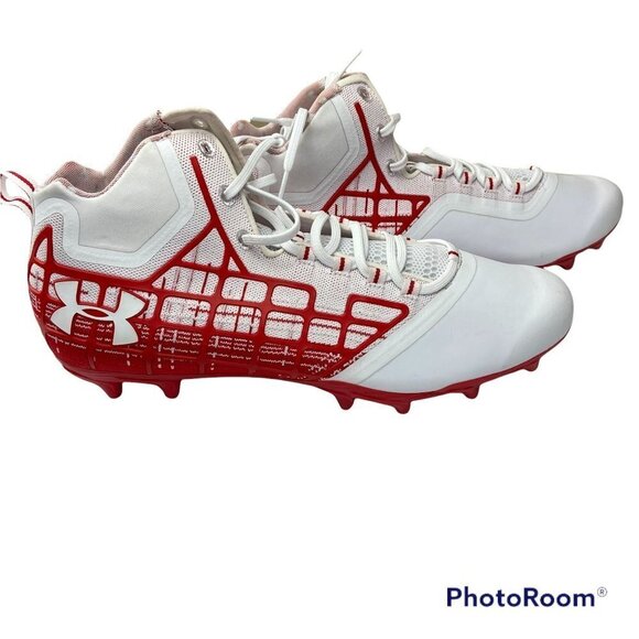 Under Armour Other - Under Amour White and Red Banshee Mid MC Lacrosse Shoes‎ Size 15